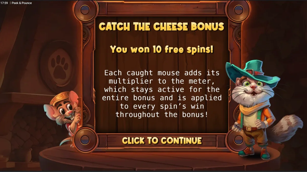 Karakter utama Señor Pounce dalam slot Peek & Pounce dengan latar belakang dapur kartun yang ceria.